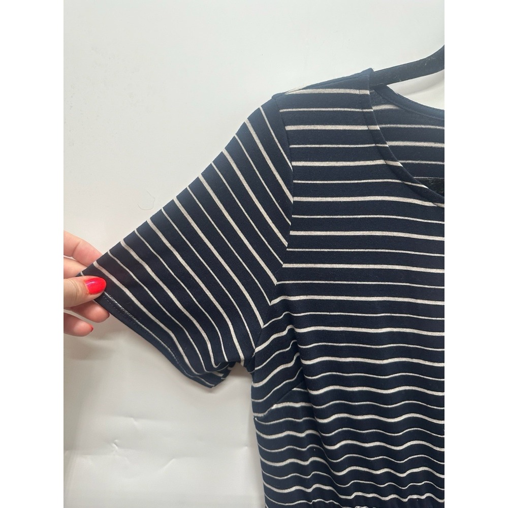 Honey & Lace Windsor Dress Navy Grey Stripe Short Sleeve LG Elastic Waist NWT - Picture 3 of 4